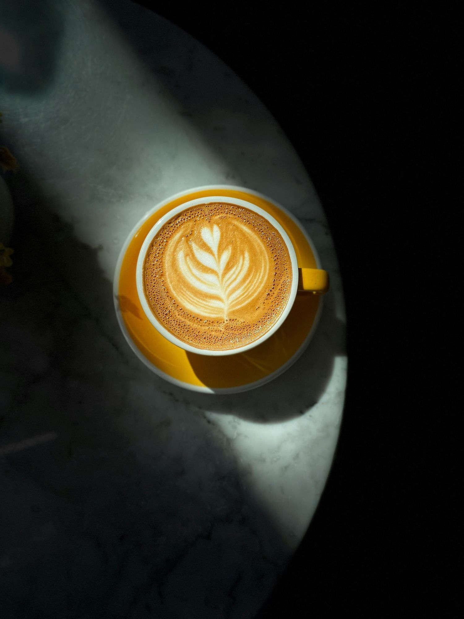 A yellow coffee cup with latte art featuring a delicate leaf pattern in foam, photographed from above in dramatic lighting.