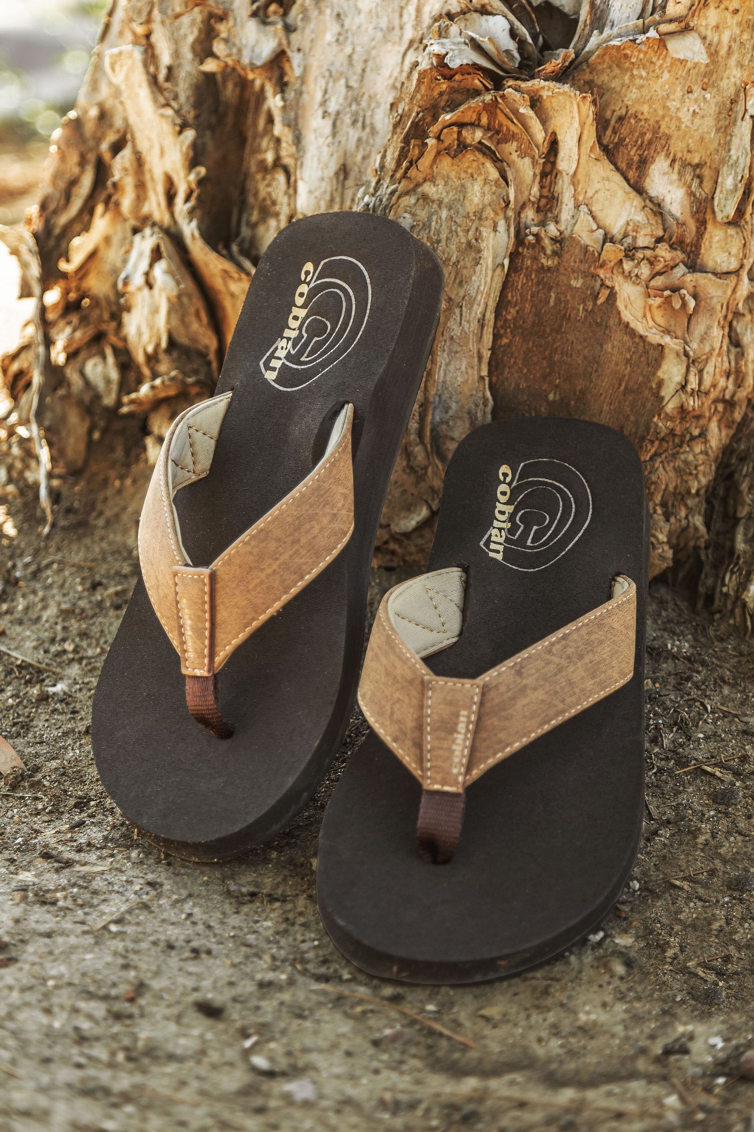 Close-up sequence of brown leather flip flops with black soles resting against a rustic tree bark background.