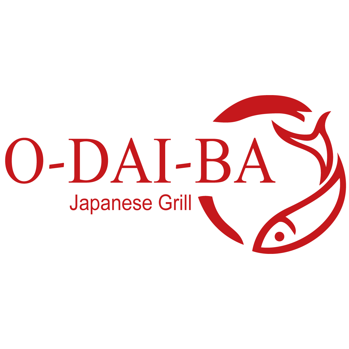 Red fish logo design for U-Dai-Ba Japanese Grill restaurant with stylized text and Asian-inspired graphics.