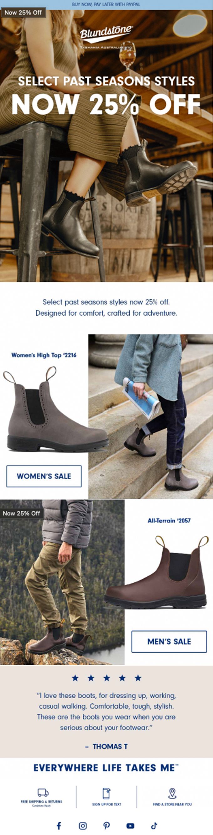 Blundstone boots advertisement showing various lifestyle shots of people wearing leather boots in outdoor and urban settings.
