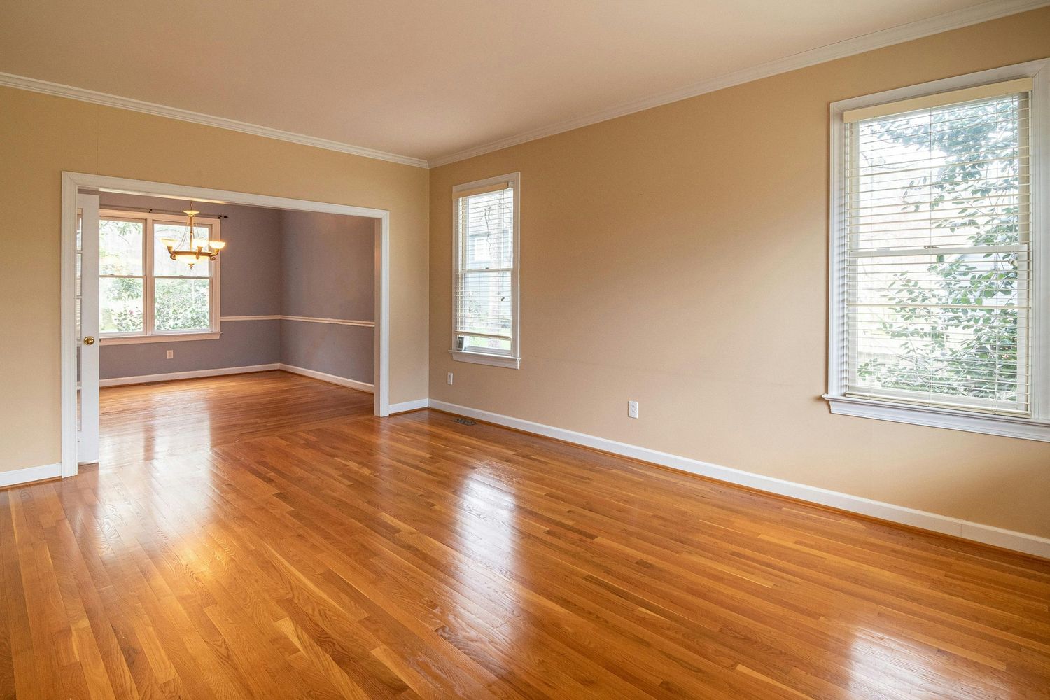 Hardwood flooring installation shown in progress across multiple rooms of a residential space with natural lighting.
