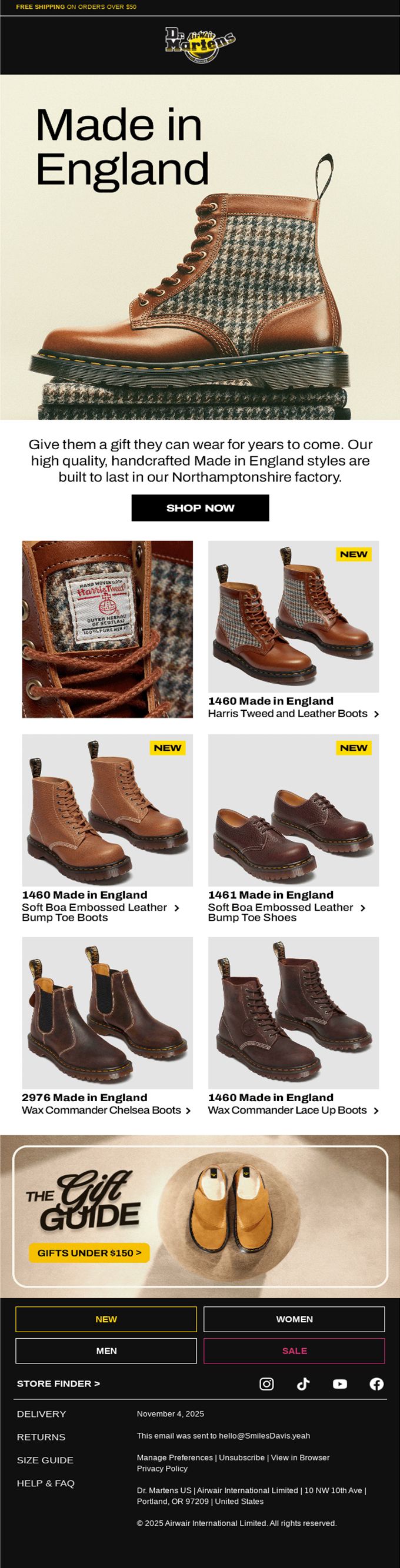 Dr. Martens Made in England collection featuring brown leather boots with tweed panels and various classic boot styles.
