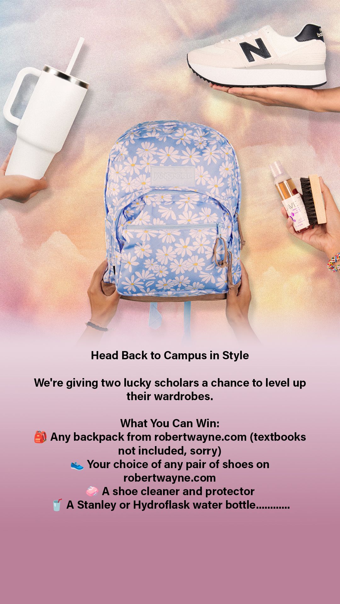 Blue floral backpack and school supplies displayed in a back-to-campus promotional giveaway advertisement.