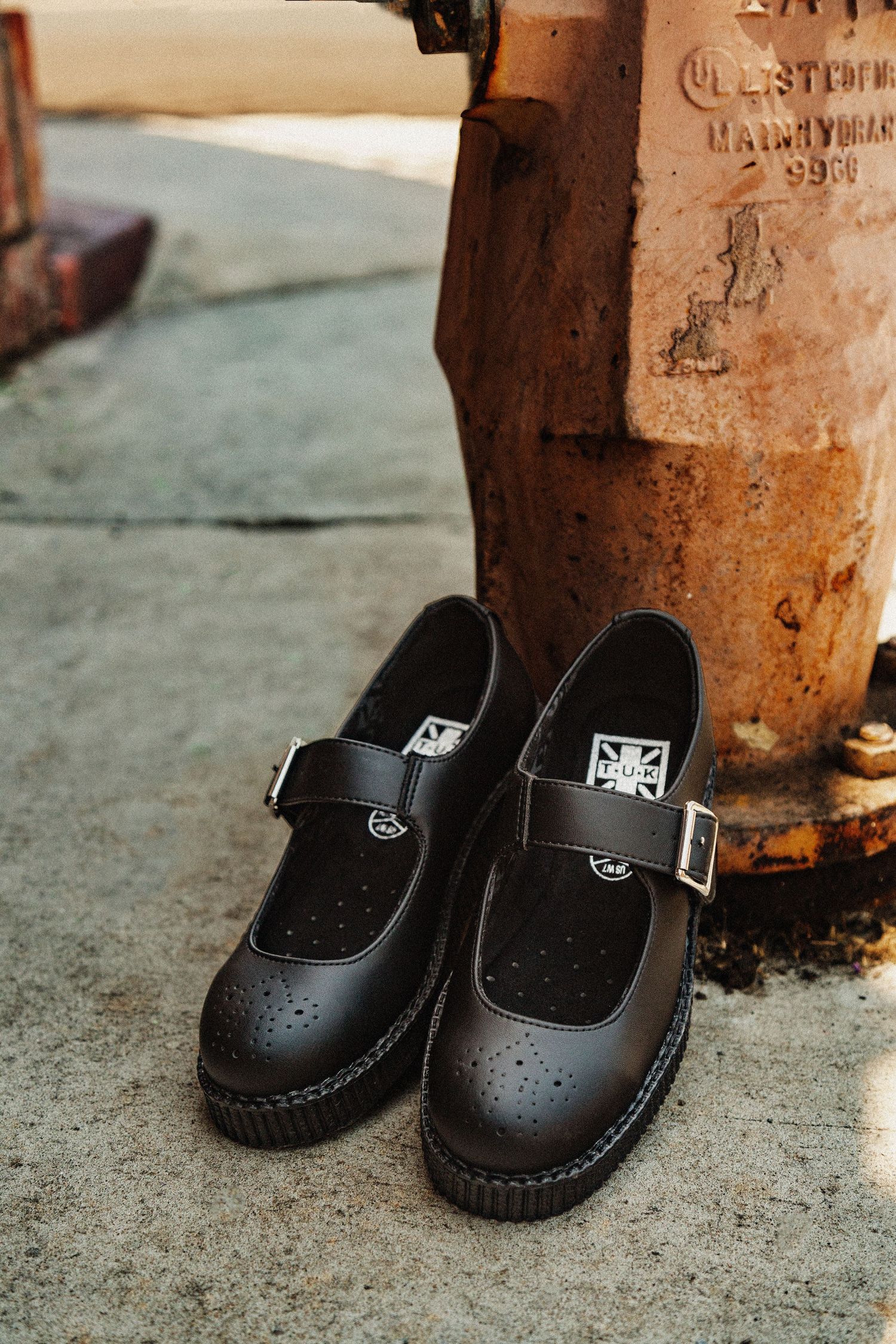 A pair of black leather Mary Jane shoes with buckle straps sits on concrete next to a rustic metal container.