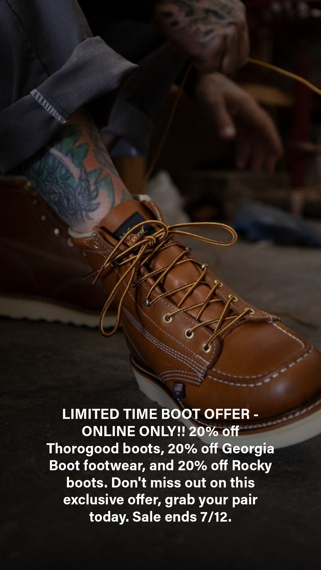 Brown leather Thorogood work boots with tan laces displayed in promotional sale advertisement for 20% off footwear.
