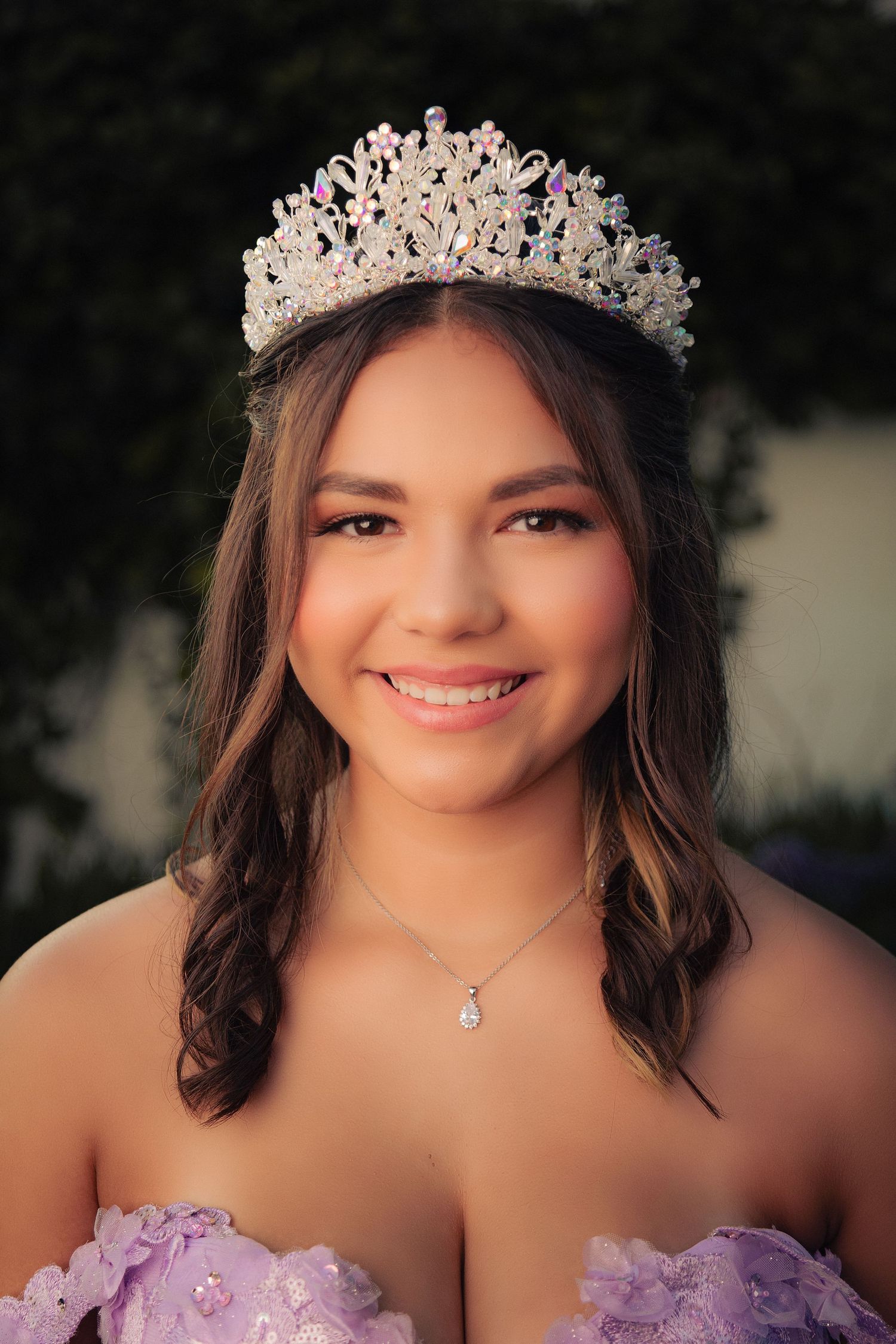 A sparkling crystal tiara adorns a formal portrait with a lavender strapless gown and delicate necklace.