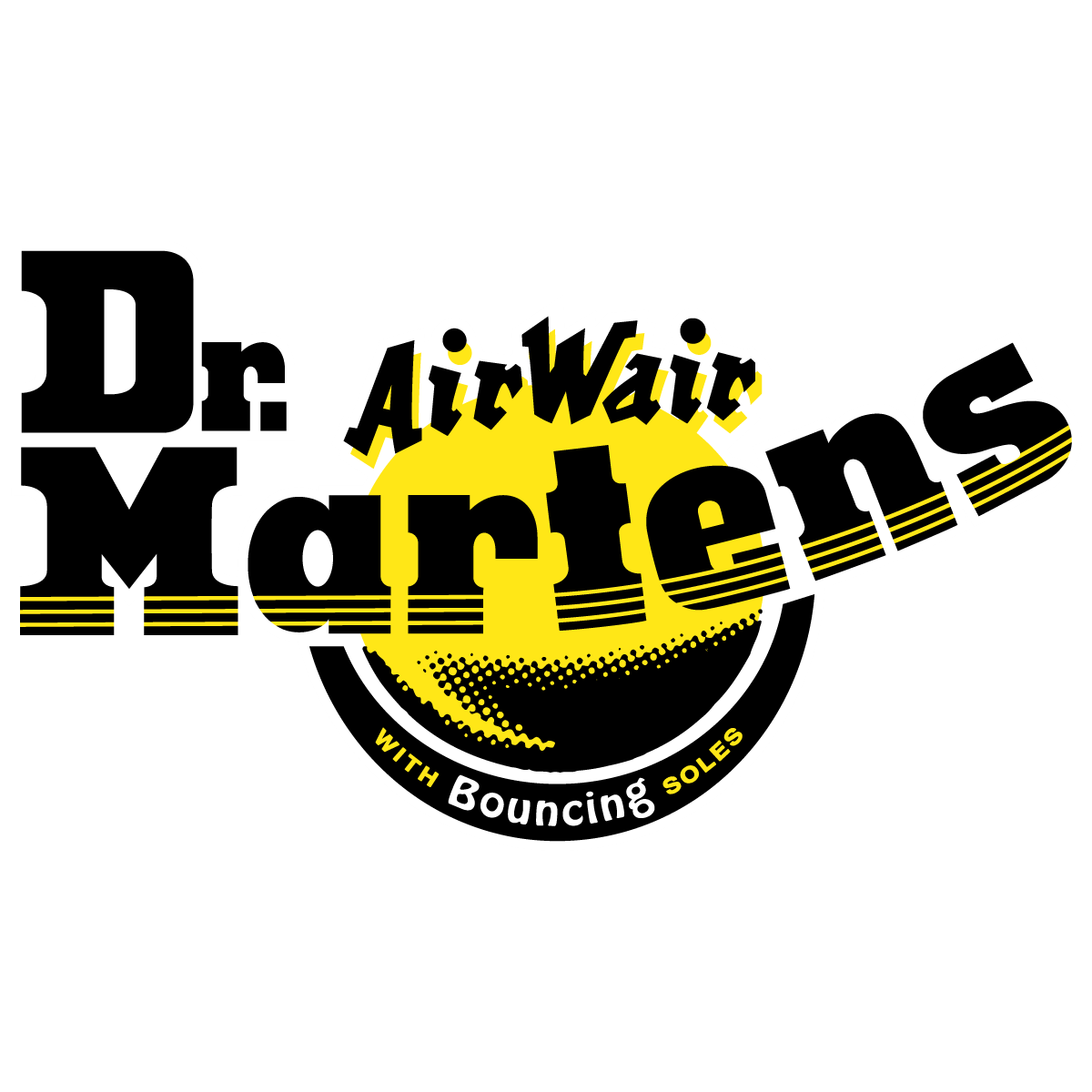 Collection of vintage Dr. Martens boot logos and branding designs in black and yellow colors arranged horizontally.