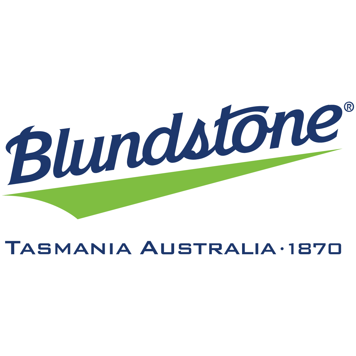 Vintage Blundstone logo from Tasmania Australia 1870 with blue text and green swoosh design.