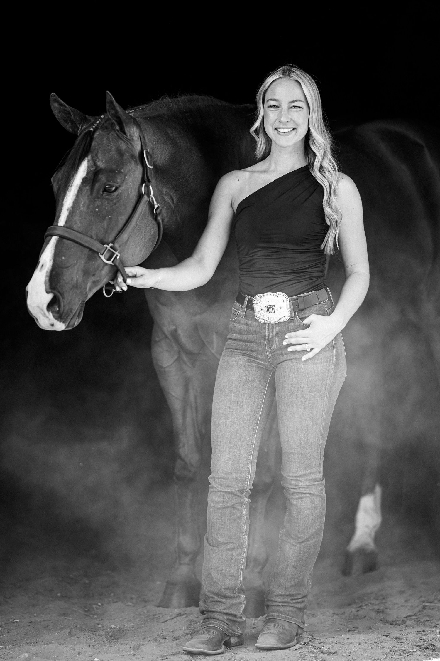 A series of black and white photos showing someone posing with a horse in a misty outdoor setting.
