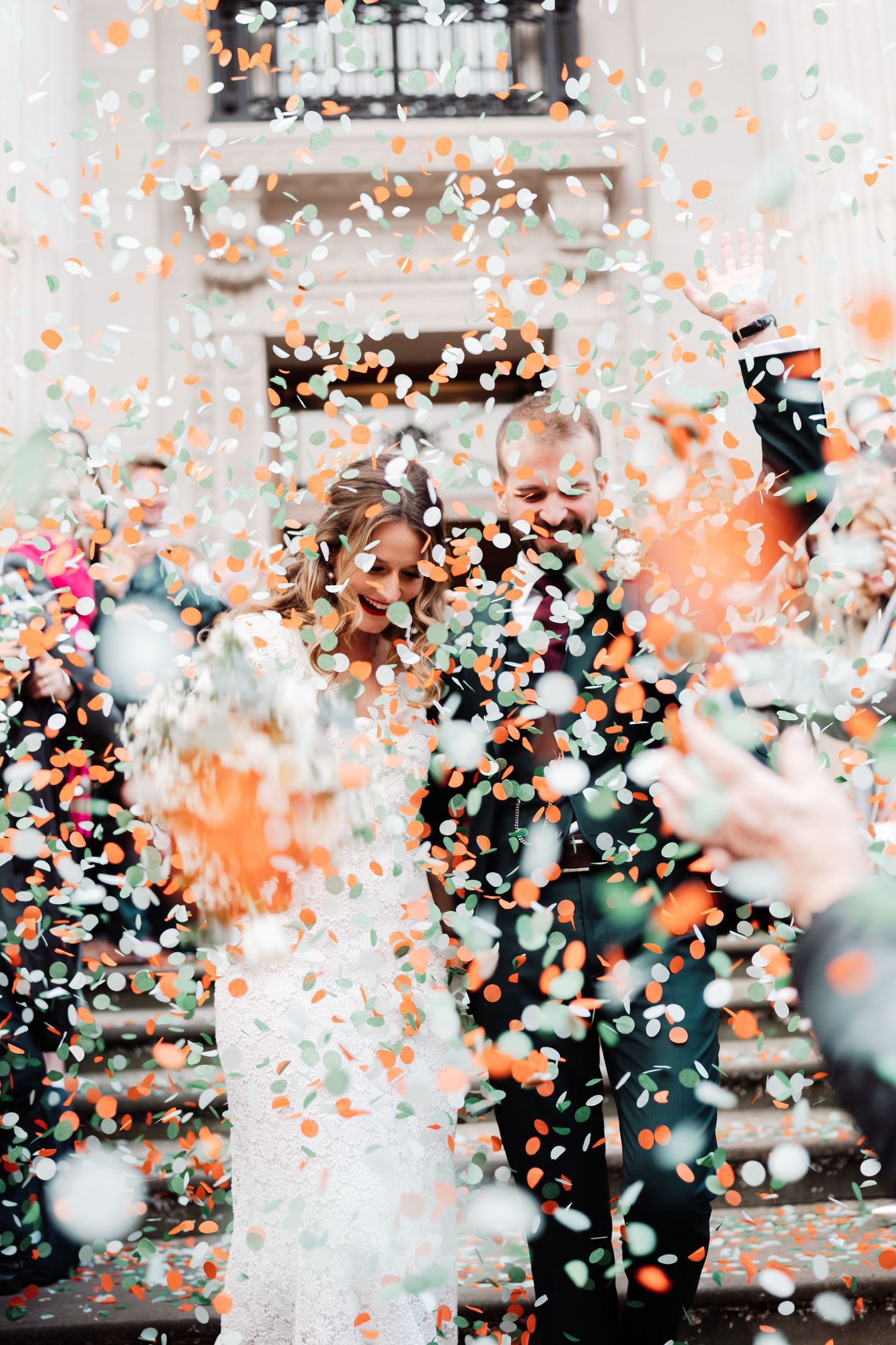 South East London Wedding Photographer Bride and Groom on steps of Marylebone town hall