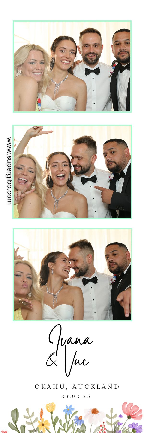 Wedding photo booth strip showing joyful moments with a bride in white dress and guests in formal attire at Okahu, Auckland.