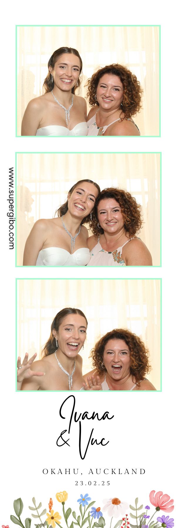 Photo booth strip showing joyful moments captured against a light background with floral decorations at the bottom.
