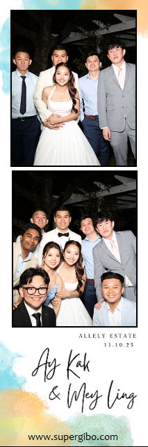 A collection of black and white photo booth style snapshots showing groups of people in formal attire at an event.