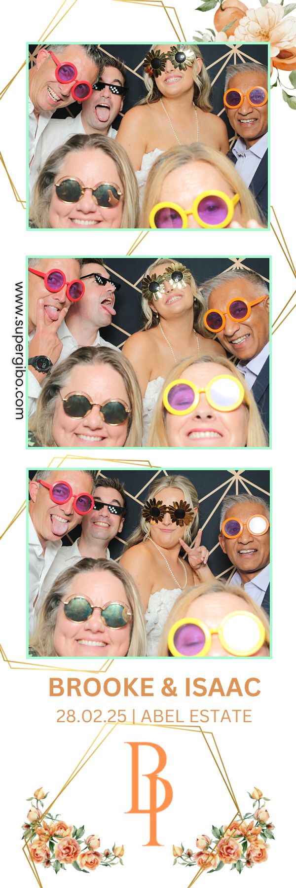 Photo booth strip showing wedding guests wearing colorful sunglasses and having fun posing together at a celebration.