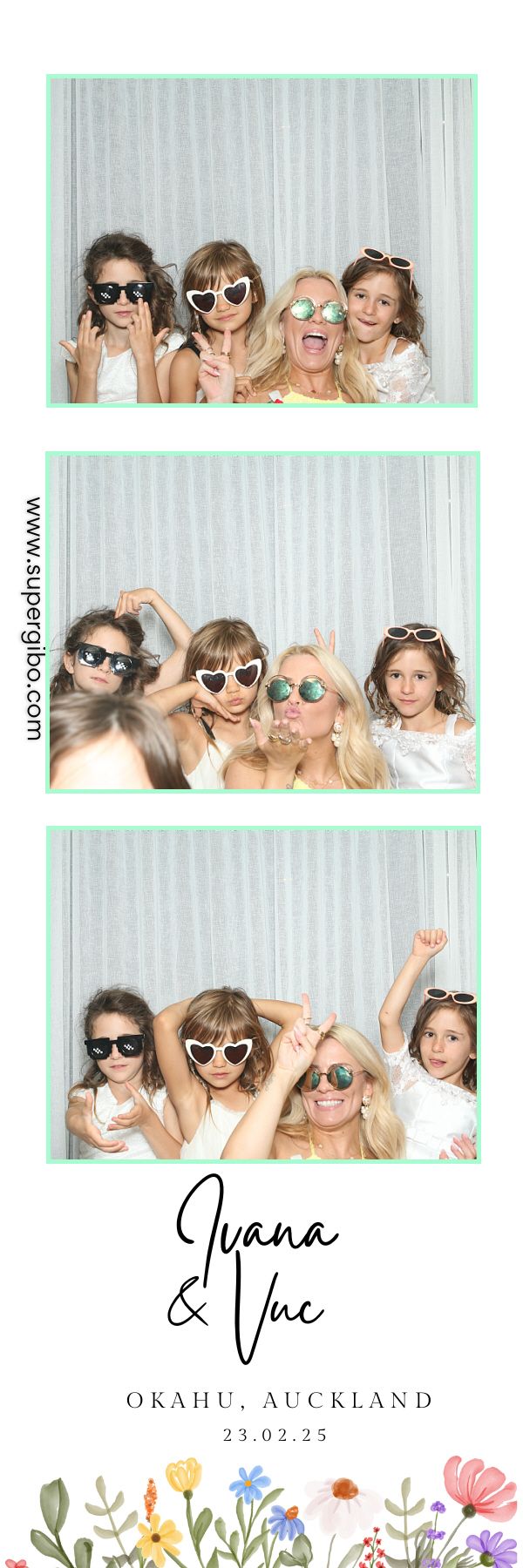 Photo booth strip showing a group of friends posing playfully with sunglasses against a light background.