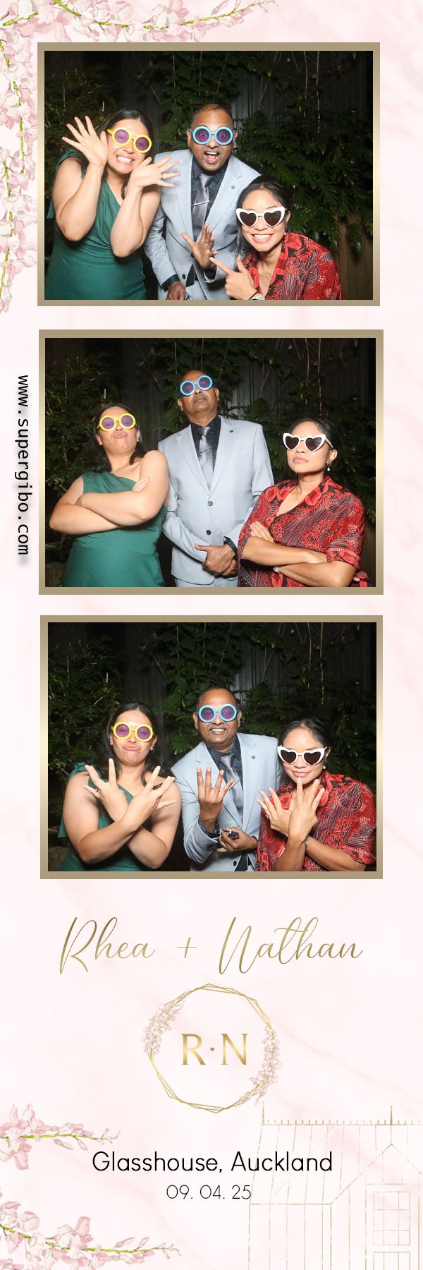 Photo booth strip showing three people wearing fun sunglasses and making playful poses at a Glasshouse event in Auckland.