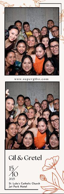 Wedding photo booth strip showing two similar group shots with www.supergibo.com watermark and Gil & Gretel event details.