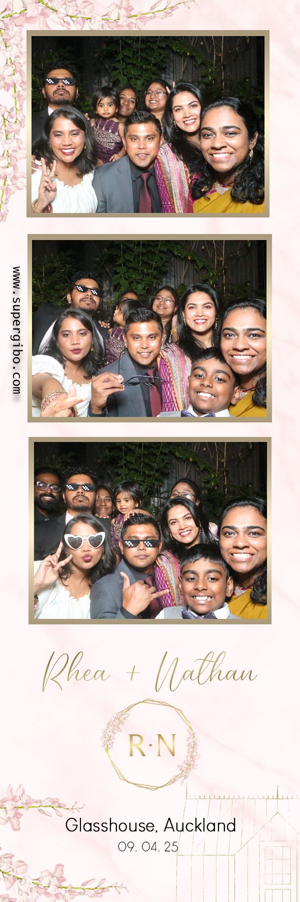 A group of friends pose together in a photo booth sequence with various expressions at Glasshouse Auckland.