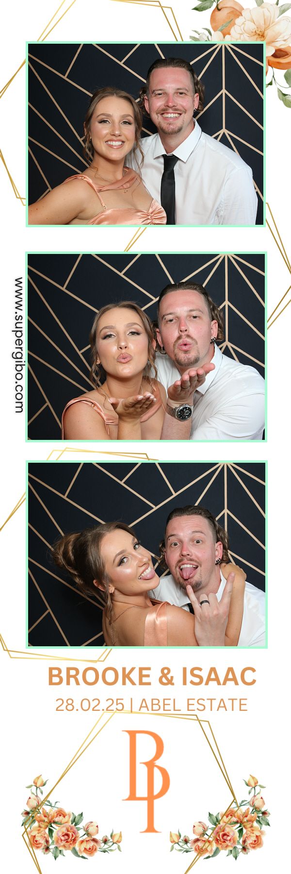 Photo booth strip showing couples making silly faces and poses against a black and gold geometric backdrop at Table Estate.