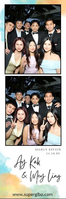 Photo booth collage showing groups of friends posing and smiling together at a wedding celebration.