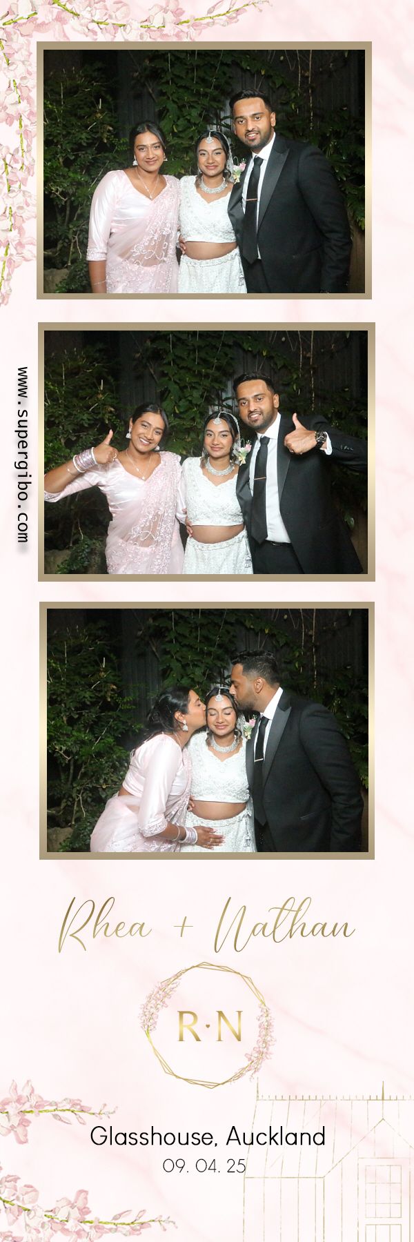 Photo booth strip showing three poses of wedding guests in formal attire at Glasshouse Auckland against a floral background.