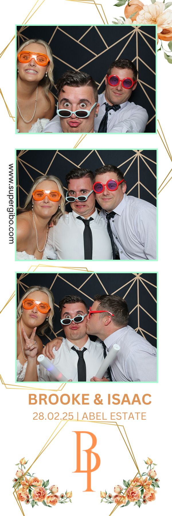 Photo booth strip showing three people wearing colorful sunglasses and making playful poses at a wedding celebration.