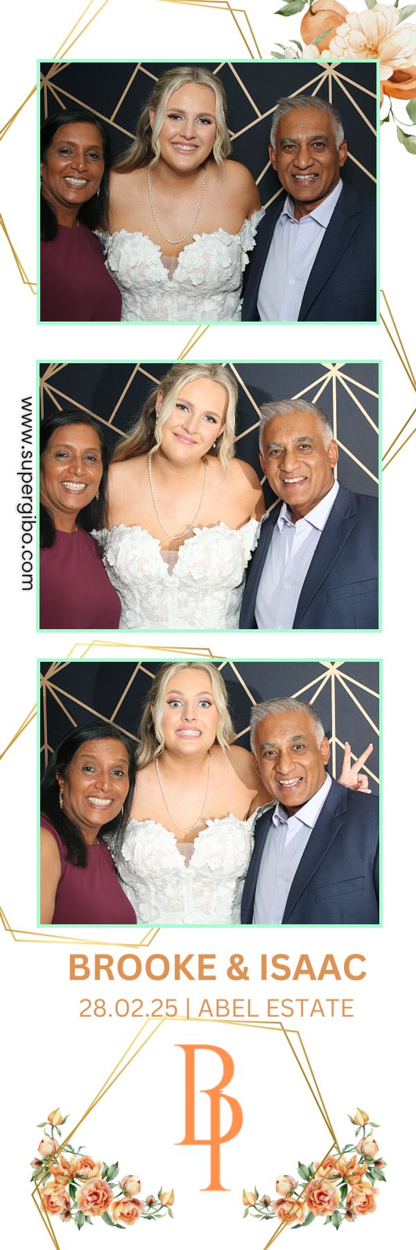 Wedding photo booth strip showing three smiling guests in formal attire against geometric gold pattern background.