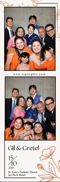Group photo collage showing multiple frames from what appears to be a wedding celebration with guests in orange and pink attire.