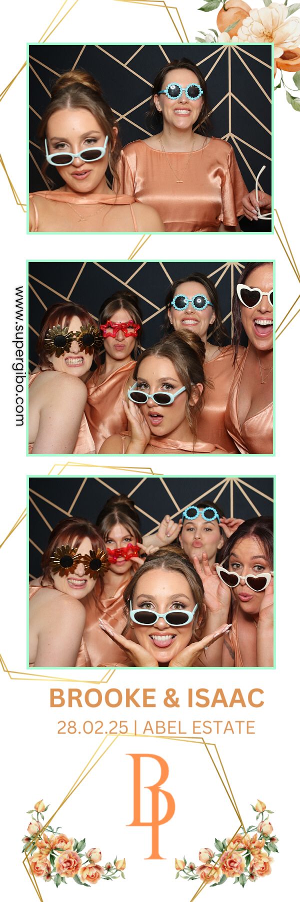Photo booth strip showing wedding party guests in peach-colored outfits posing with fun sunglasses against geometric backdrop.