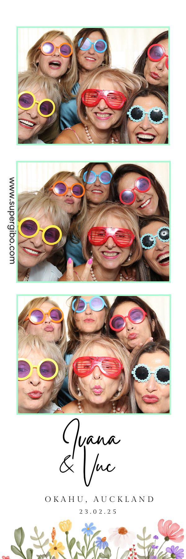 A photo booth strip showing three people wearing colorful novelty sunglasses making playful expressions.