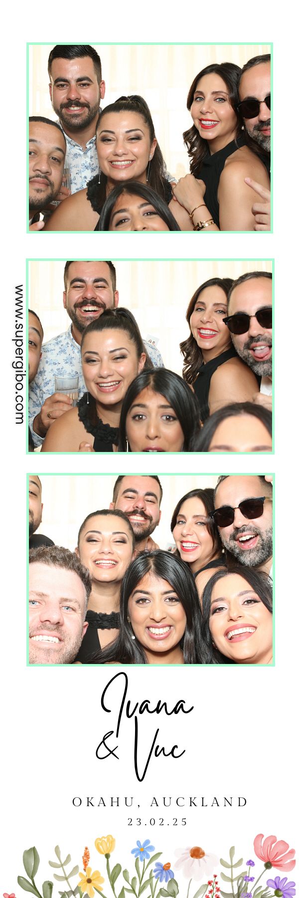 A collection of photo booth style snapshots showing friends posing together and smiling at a celebration in Auckland.