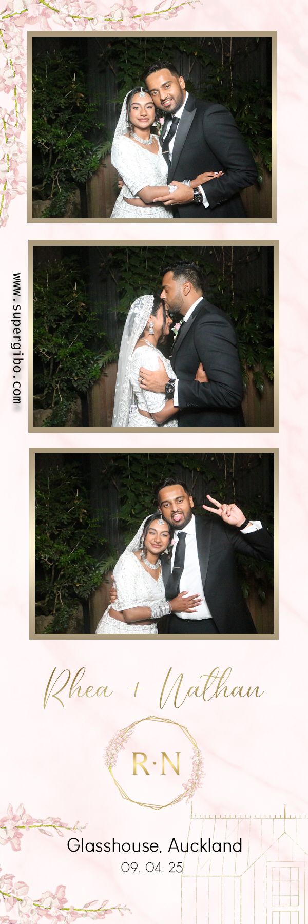 A wedding photo strip showing three romantic poses of a couple at Glasshouse Auckland, with decorative pink floral border.