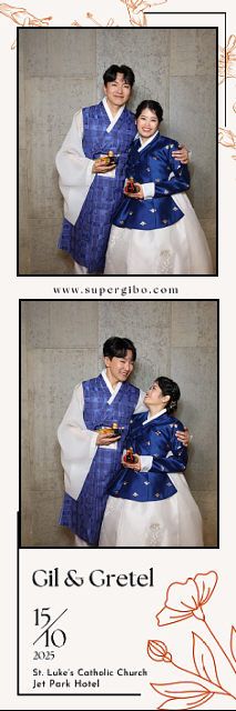 Two people in traditional Korean hanbok attire pose together in a modern wedding photoshoot setting.