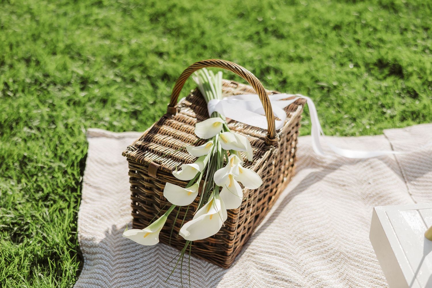 Wicker picnic baskets and blankets arranged on green grass for an elegant outdoor gathering.