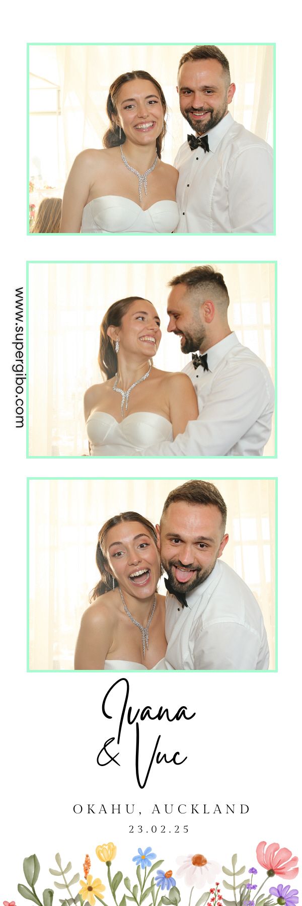 A collection of joyful wedding photo booth style images showing a couple in formal attire against a light background.