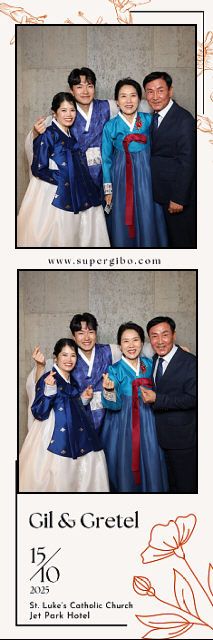 A collage of photo booth style images showing people posing together in formal attire at what appears to be a church event.