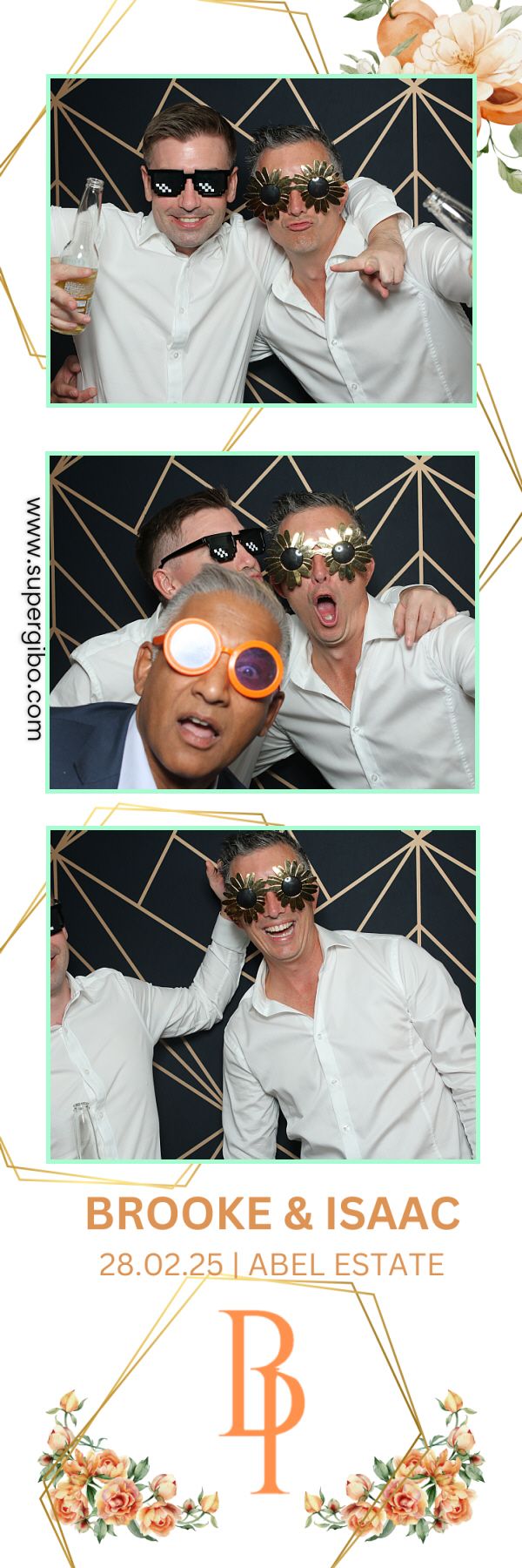 Fun photo booth strip showing people in white shirts posing with props and making silly faces against a geometric backdrop.