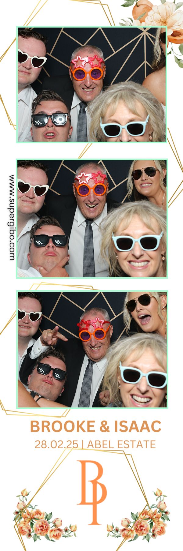 Photo booth strip showing three people wearing fun sunglasses including heart shapes and star frames at a wedding celebration.