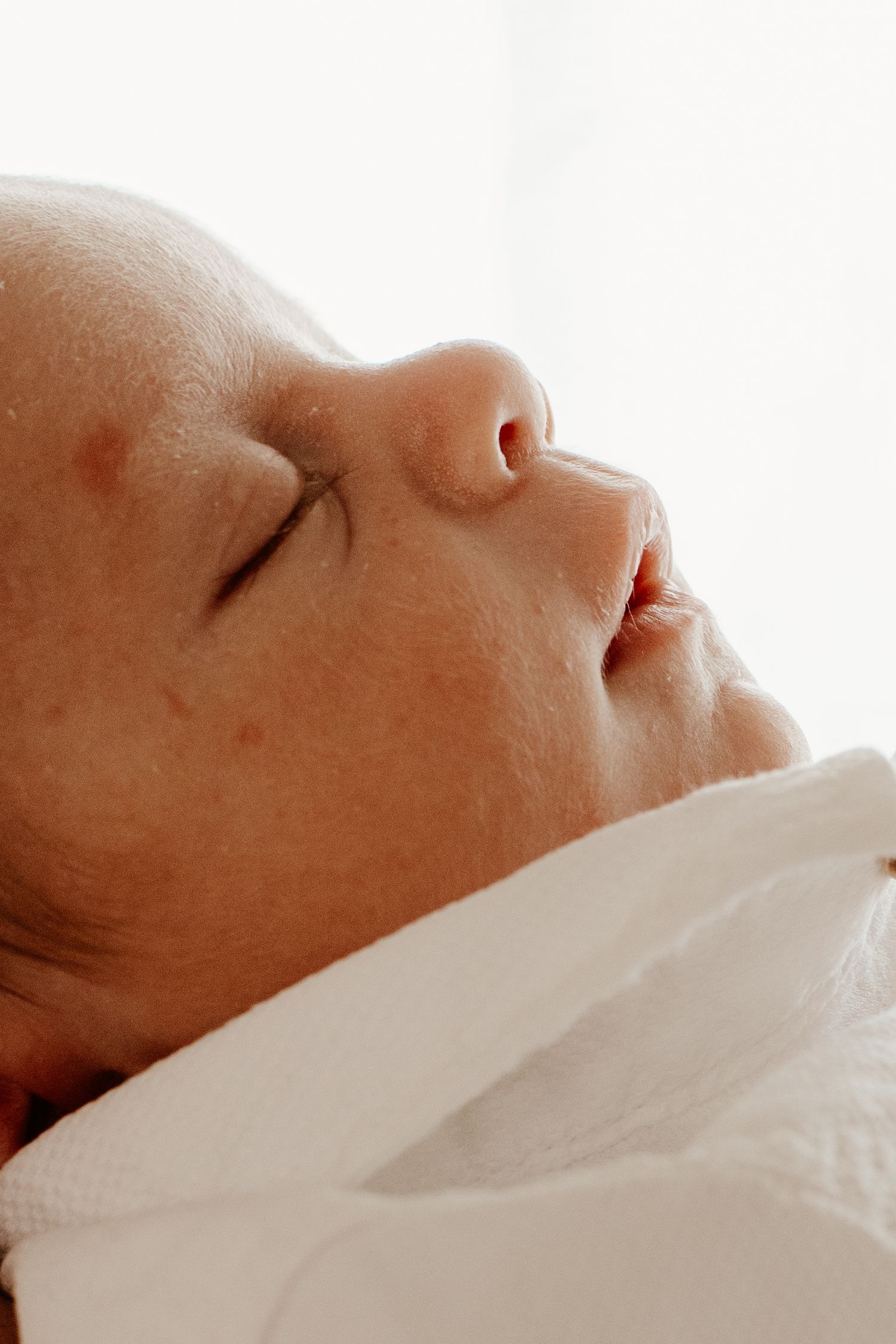 Macro et détails du visage d'un nouveau-né qui dort paisiblement. Séance photo naissance réalisée par un photographe.