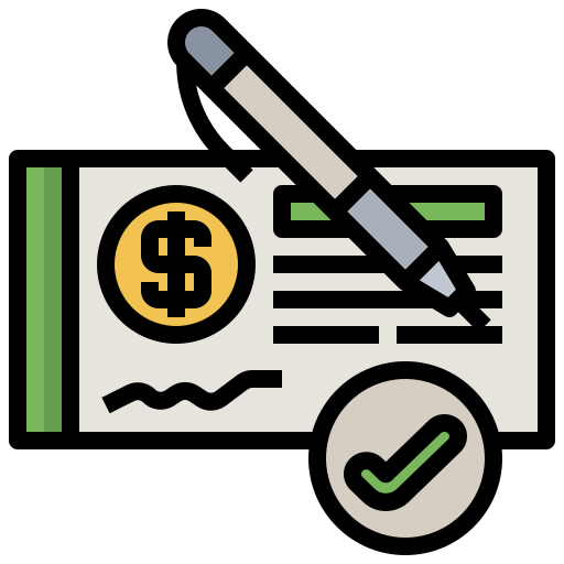 Illustrated icon of a signed check with a dollar coin, pen, and green approval checkmark symbol.