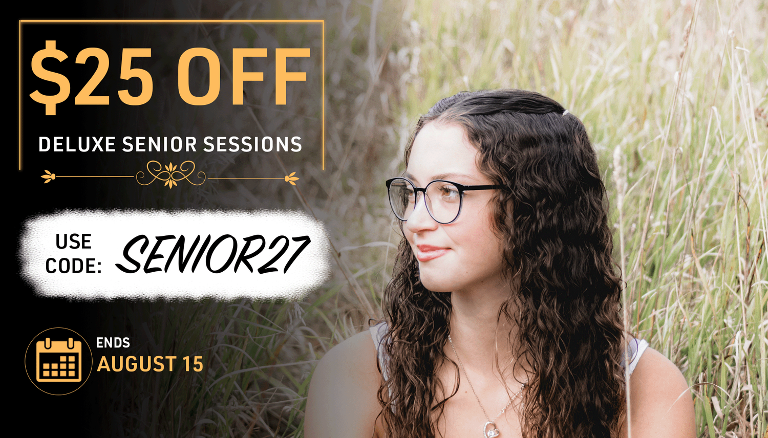 Young woman with curly hair and glasses poses outdoors for a senior portrait session with $25 off promo code SENIOR27.