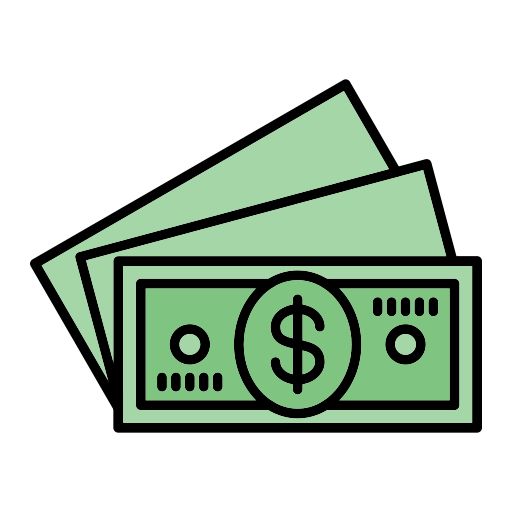 Green dollar bills icon with a dollar sign symbol, representing money, cash, or financial transactions.
