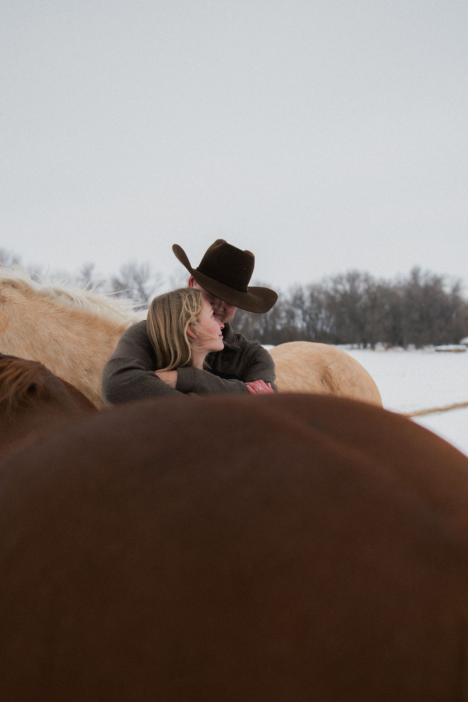 Couple sharing a tender moment leaning over horses in a snowy winter ranch landscape.
