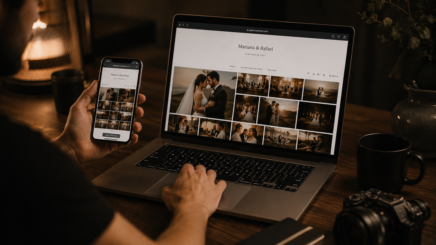 Wedding photographer reviewing couple gallery on laptop and mobile phone at editing desk.