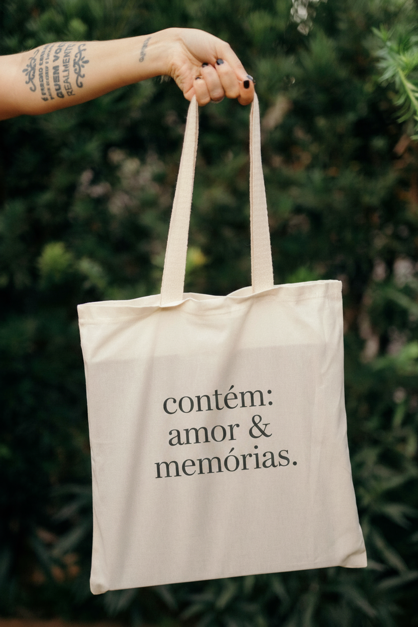 Hand holding a cream tote bag with Portuguese text 'contém: amor & memórias' against green foliage backdrop.