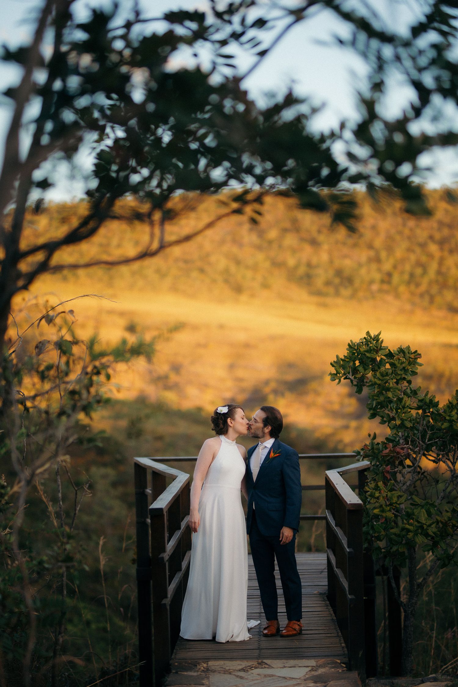 Bride and groom share a kiss on a wooden bridge surrounded by golden-lit trees at sunset.