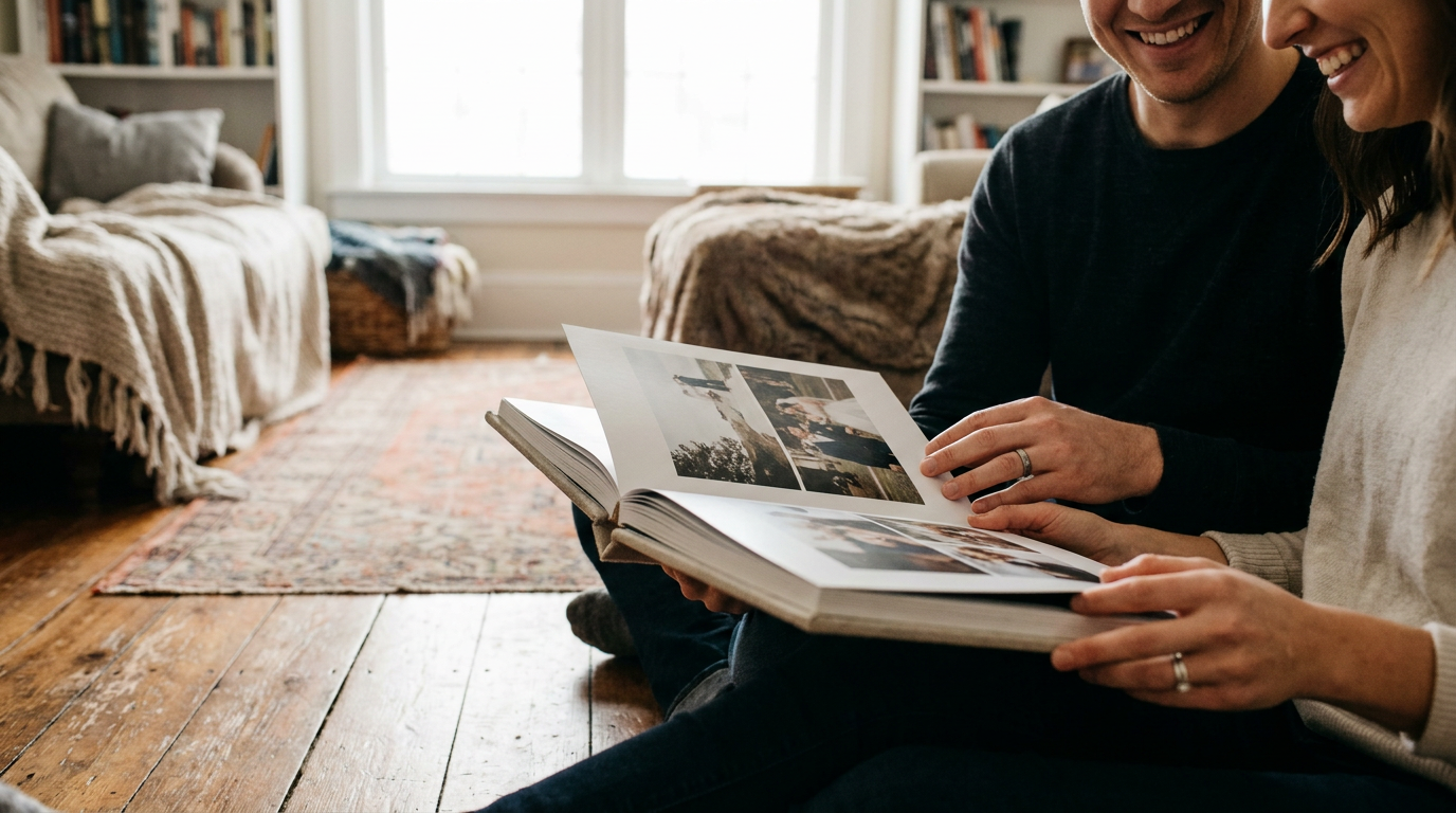 Couple smiling and looking through a photo album together on a hardwood floor in a cozy living room.