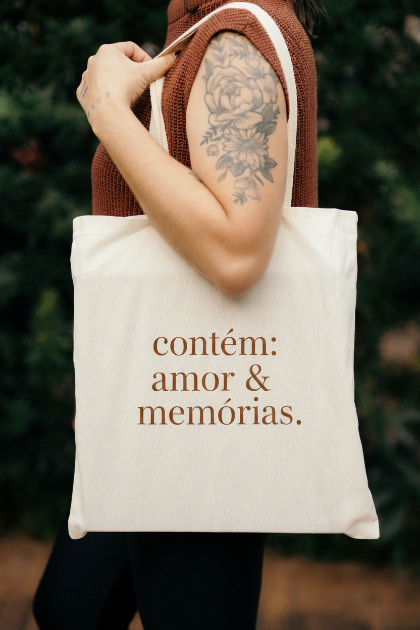 Woman holding a cream canvas tote bag with Portuguese text 'contém: amor & memórias' and a floral tattoo on her arm.