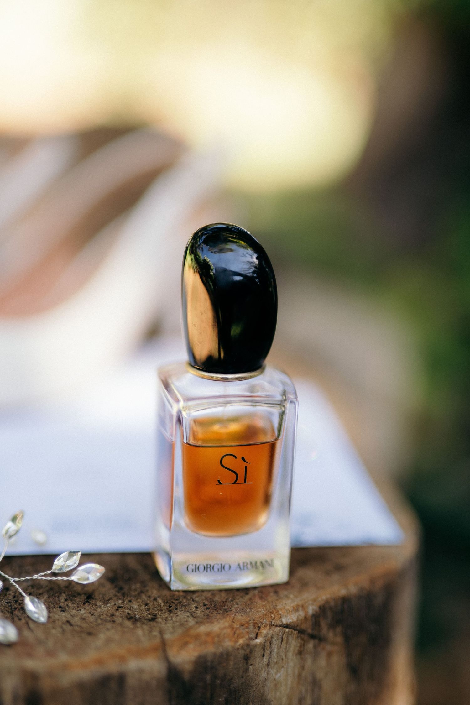 Giorgio Armani Si perfume bottle with black cap displayed on a wooden stump outdoors in natural light.