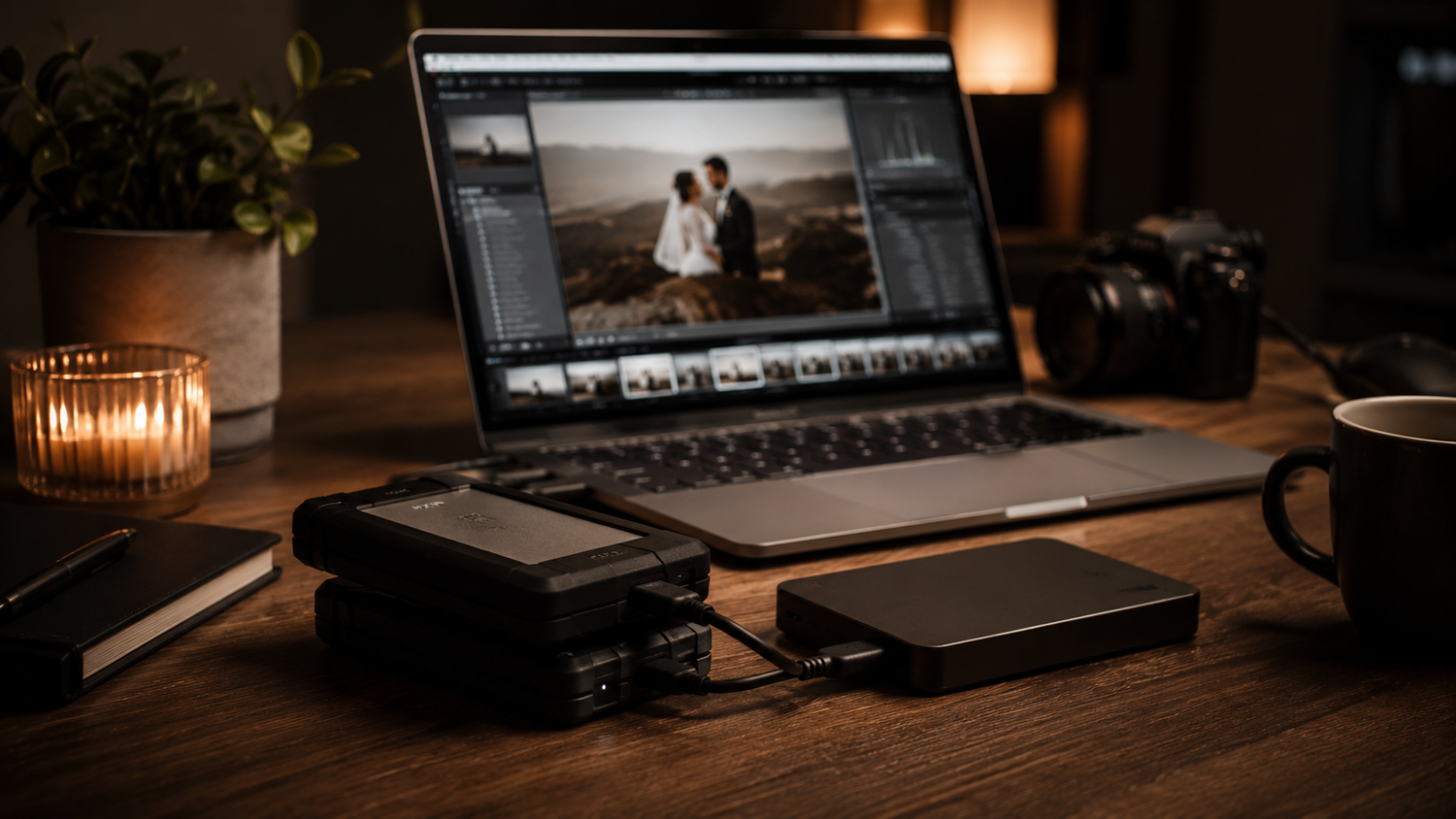 Laptop displaying wedding photo editing in Lightroom on wooden desk with camera and hard drive.